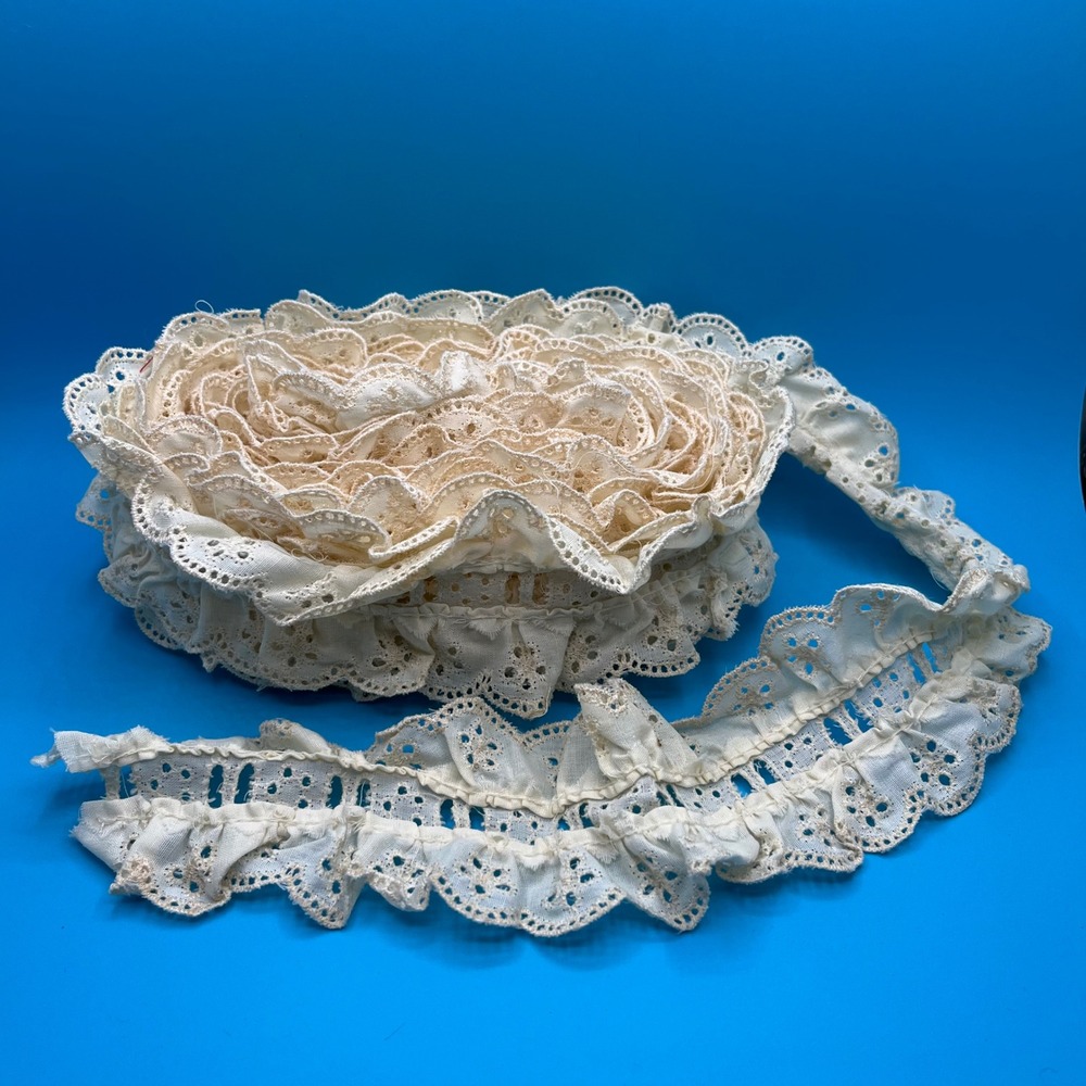 Vintage Cream Eyelet Lace Ruffle Trim 2.5 Inch Wide 5 Yards 12 Inches Long